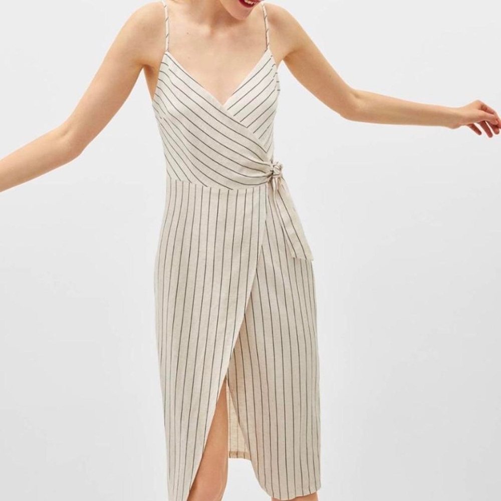 URBAN OUTFITTERS Striped Wrap Midi Dress in Cream and Black - Picture 3 of 11